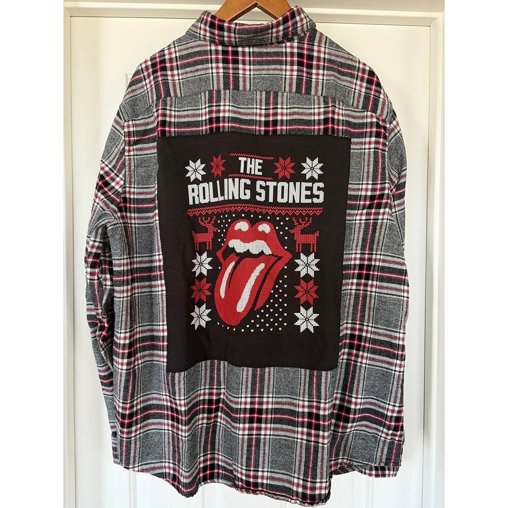 Rolling Stones Christmas Holiday Upcycled Flannel Shirt Unisex XXL